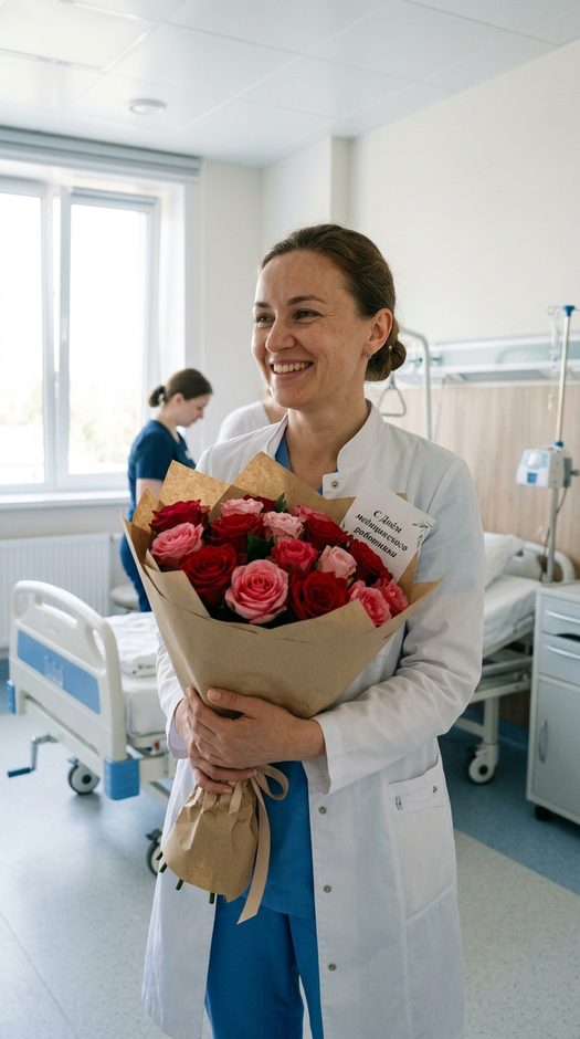 женщина врач с букетом роз в больничной палате