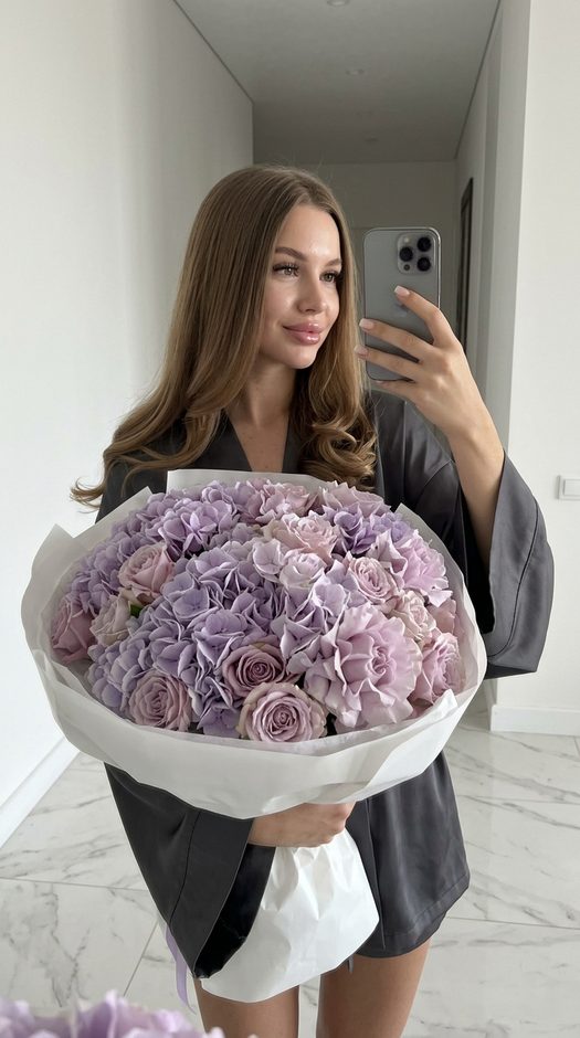Селфи в зеркале с букетом сирени