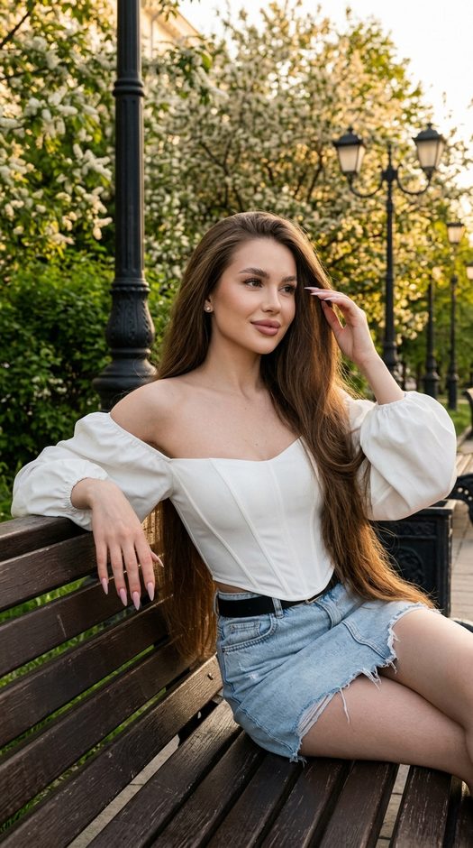 девушка на скамейке в весенней городской аллее