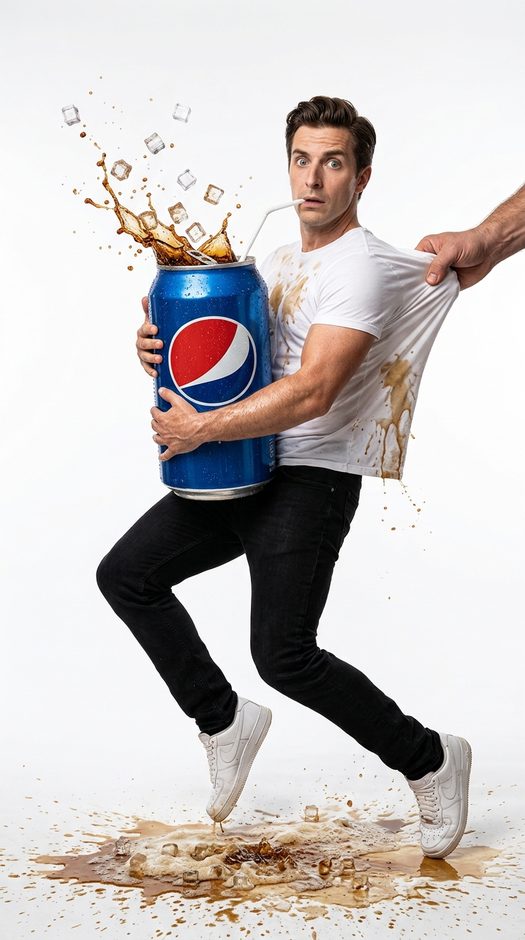 мужчина с гигантской банкой pepsi в студии