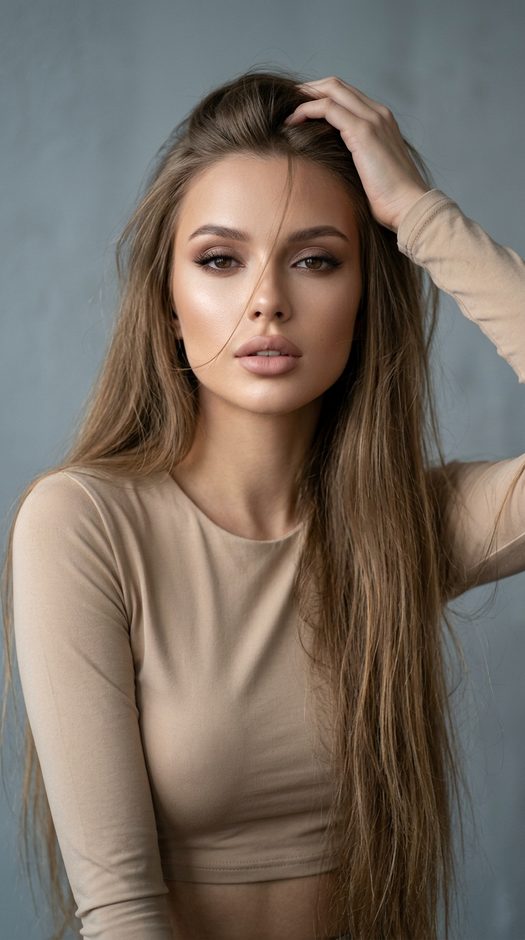 Бьюти фотосессия с серо голубым фоном