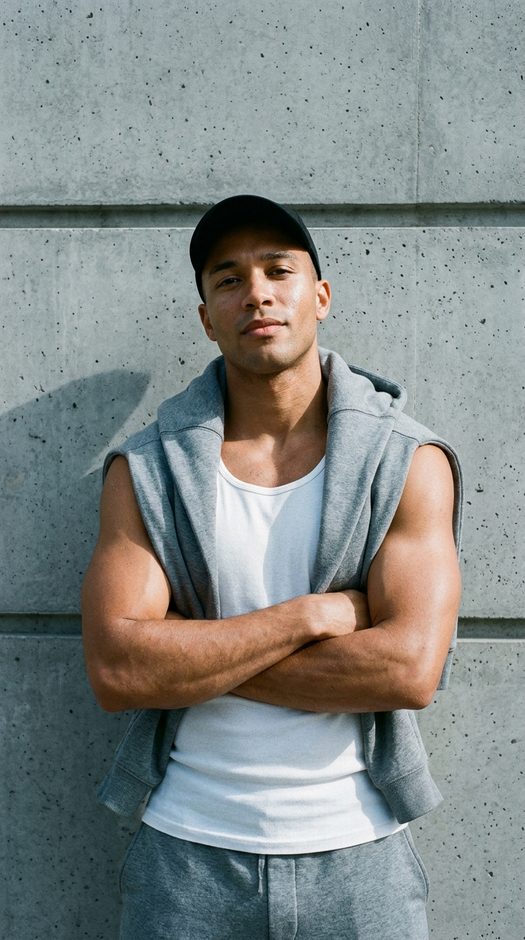 мужчина у бетонной стены в streetwear