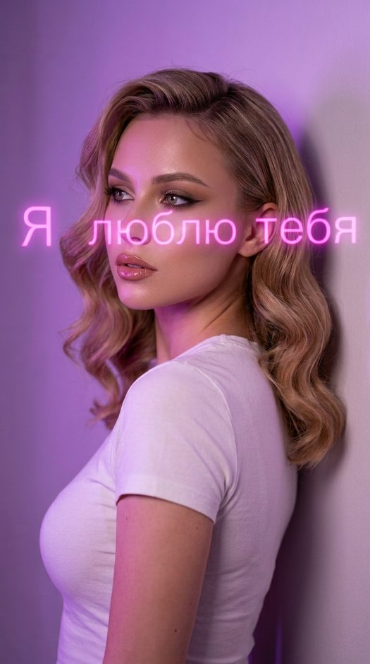 девушка у стены с неоновыми надписями i love you