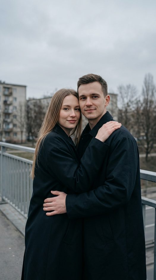 парная фотосессия в обнимку на городском мосту