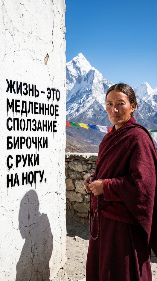 женщина в тибетской одежде у стены в гималаях
