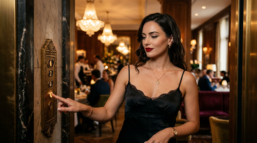 женщина у винтажного лифта в лобби ресторана