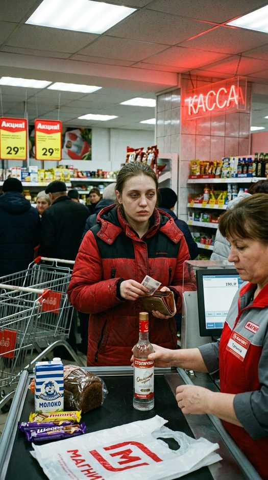 уставшая женщина на кассе магнита с бутылкой водки