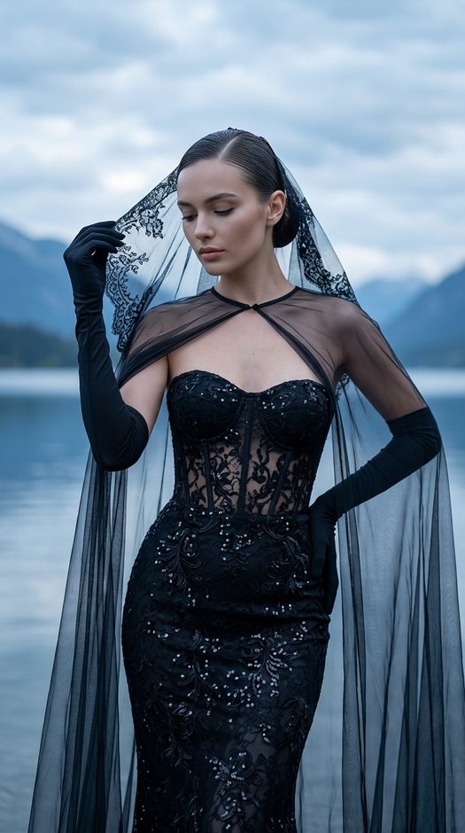 женская фотосессия в черном кружевном платье с вуалью