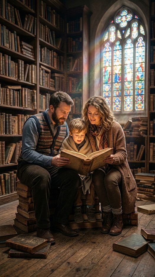 семейная фотосессия в старой библиотеке с книгой