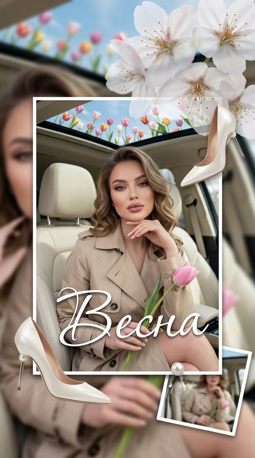 весенняя фотосессия в машине с тюльпаном