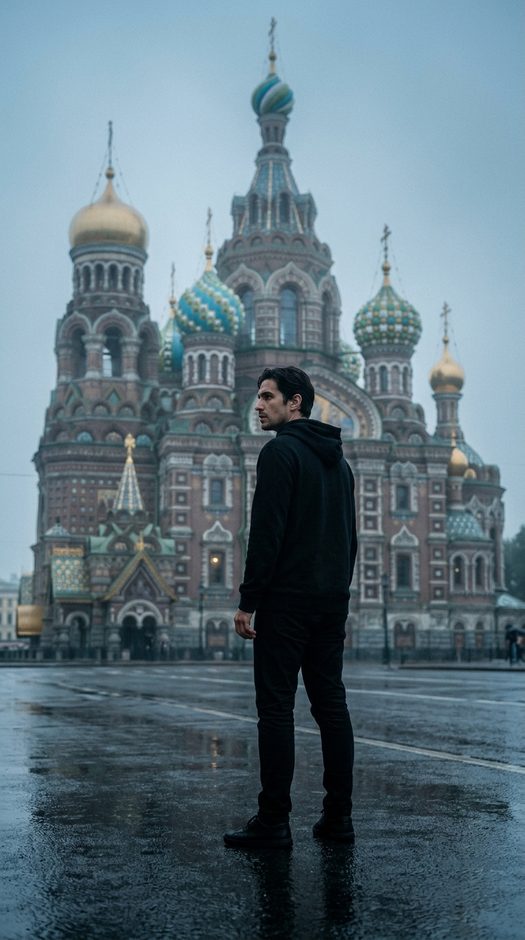 мужчина у храма после дождя