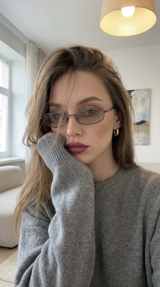 домашняя фотосессия в очках y2k и сером свитере