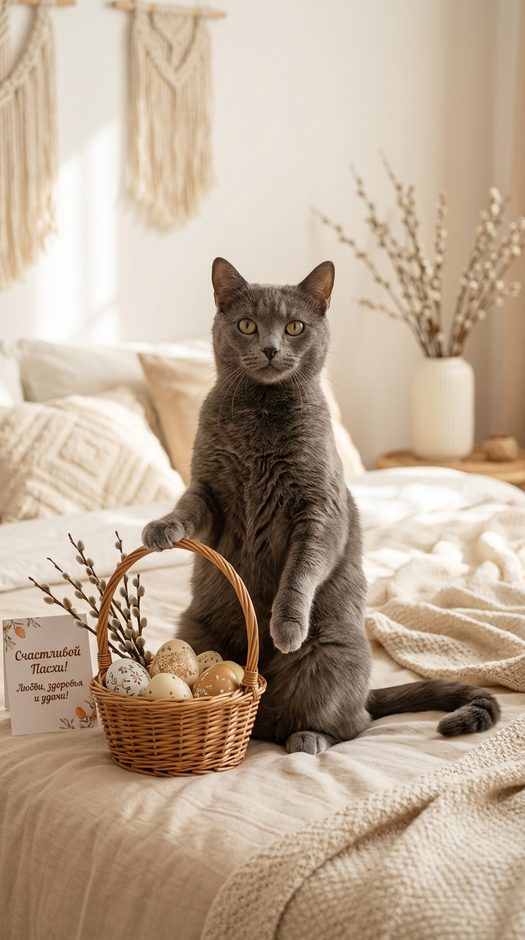 кот с пасхальной корзиной в спальне