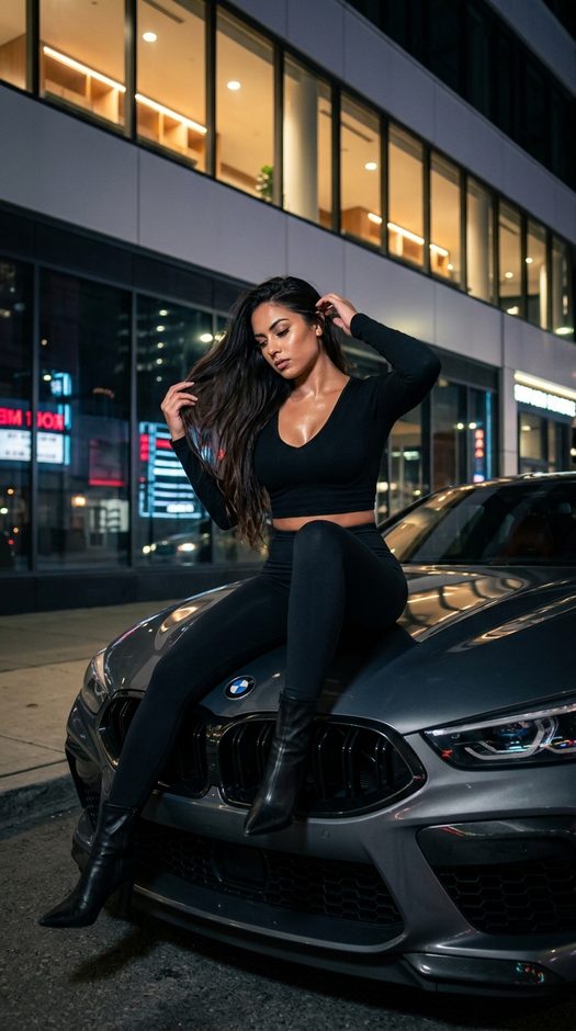 девушка на bmw m8 ночью