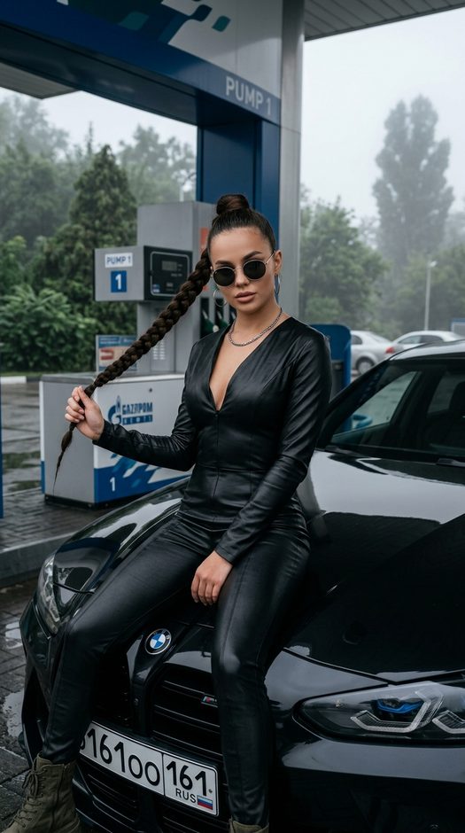 девушка на bmw m3 на заправке