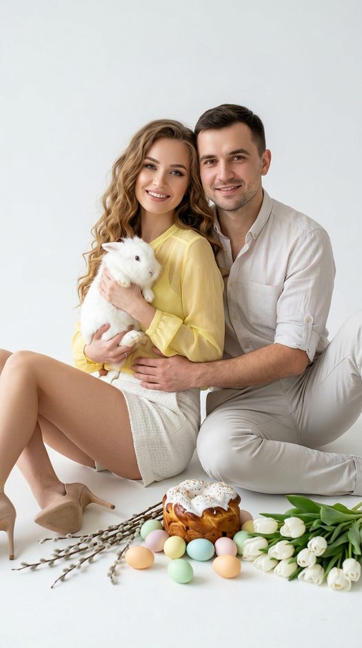 Пасхальная фотосессия пары с кроликом и куличом