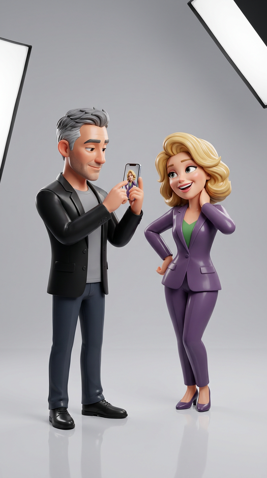 3d сцена с двумя персонажами и смартфоном