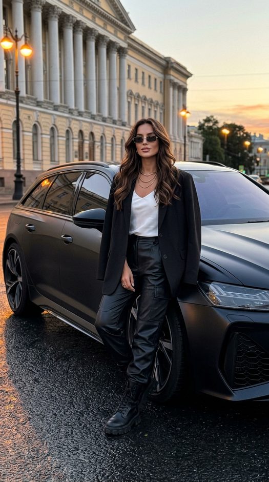 Девушка у Audi RS6 в Петербурге на закате