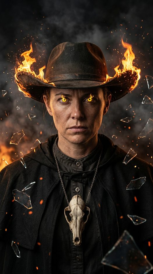 женщина в горящей ковбойской шляпе