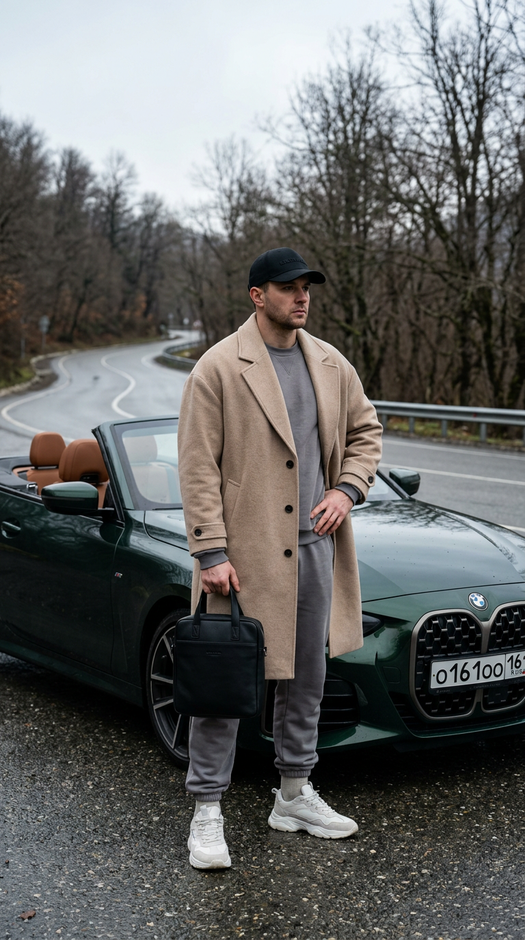 мужчина у bmw кабриолета на горной дороге