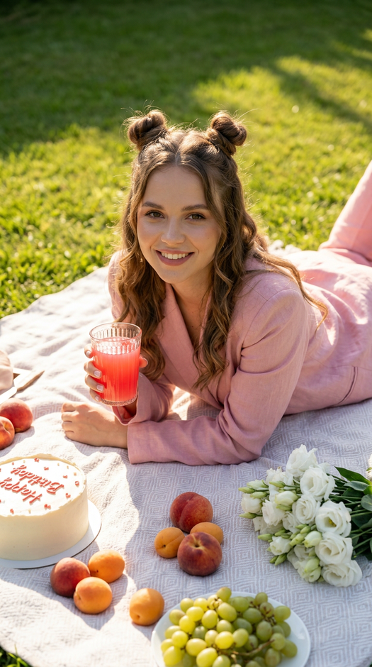 девушка на пикнике с тортом happy birthday