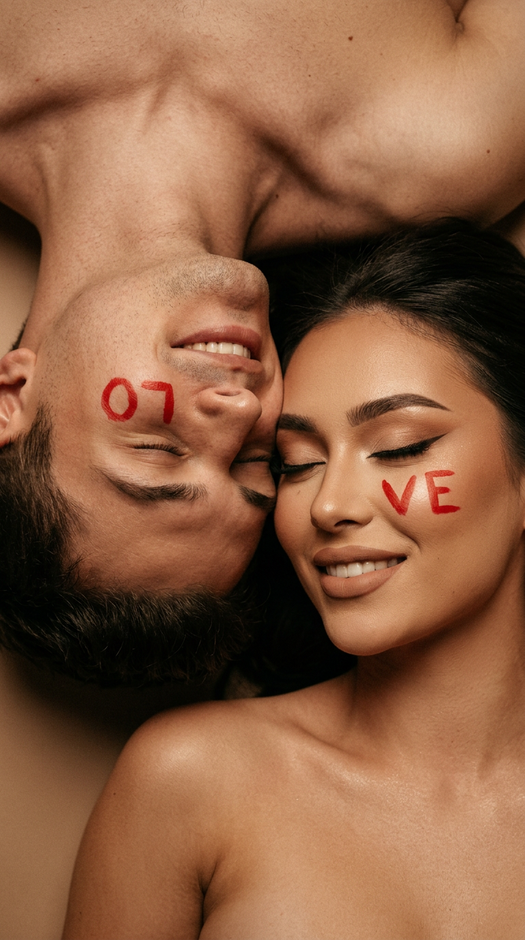 парная фотосессия с надписью love на щеках
