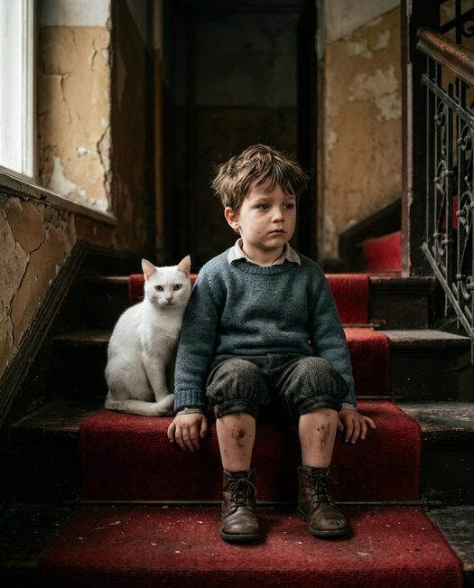 мальчик с белым котом на лестнице в подъезде