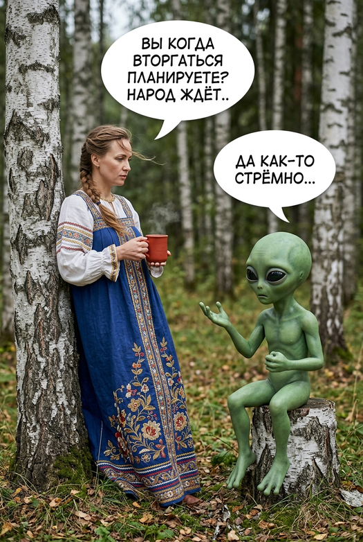 женщина в сарафане и пришелец в березовой роще