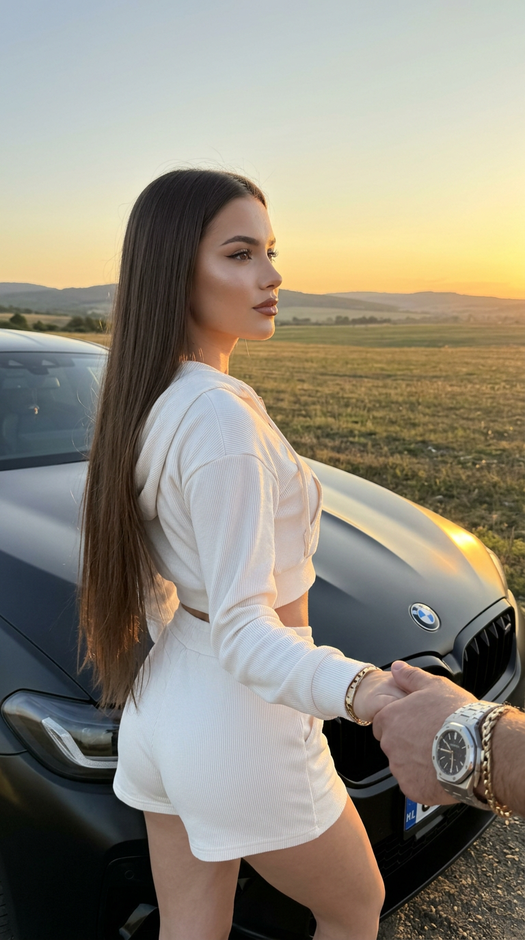Девушка у BMW M5 в поле на закате