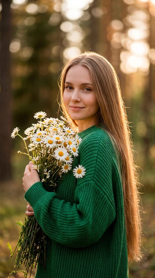 девушка с букетом ромашек в лесу